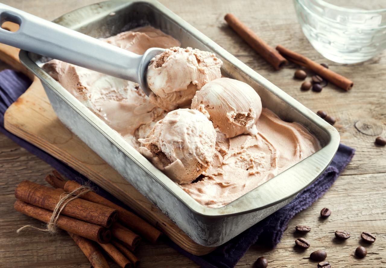 Freshly scooped ice cream from a metal tray